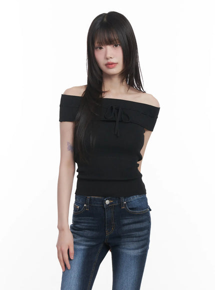 off-shoulder-ribbon-sleeveless-sweater-cu519 / Black