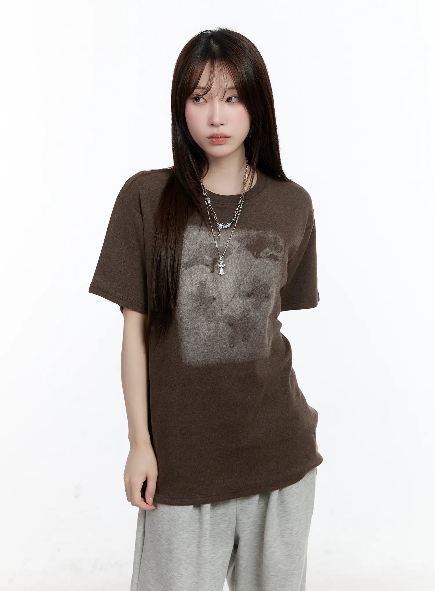 oversized-graphic-fleece-lined-shirt-cn525 / Brown