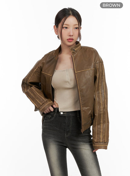 crop-zip-up-washed-faux-leather-jacket-cg422 / Brown