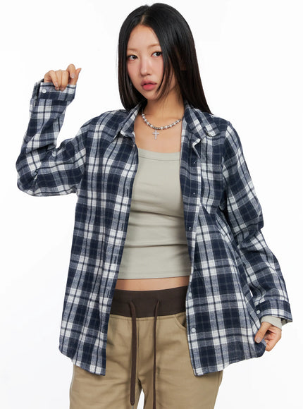 oversized-plaid-long-sleeve-flannel-shirt-co515 / Dark blue