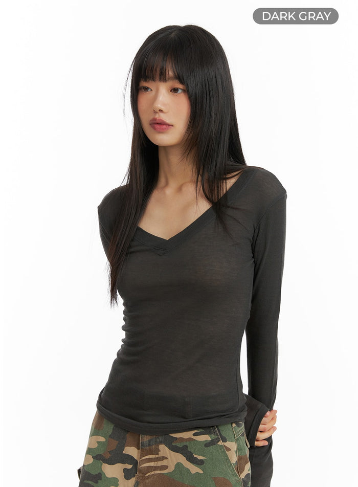 v-neck-back-cut-out-long-sleeve-cm412 / Dark gray