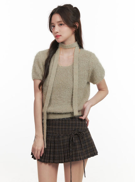 cozy-knit-short-sleeve-sweater-with-scarf-cj514 / Dark green