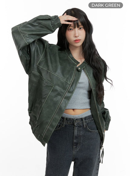 oversized-faux-leather-bomber-jacket-unisex-cg420 / Dark green