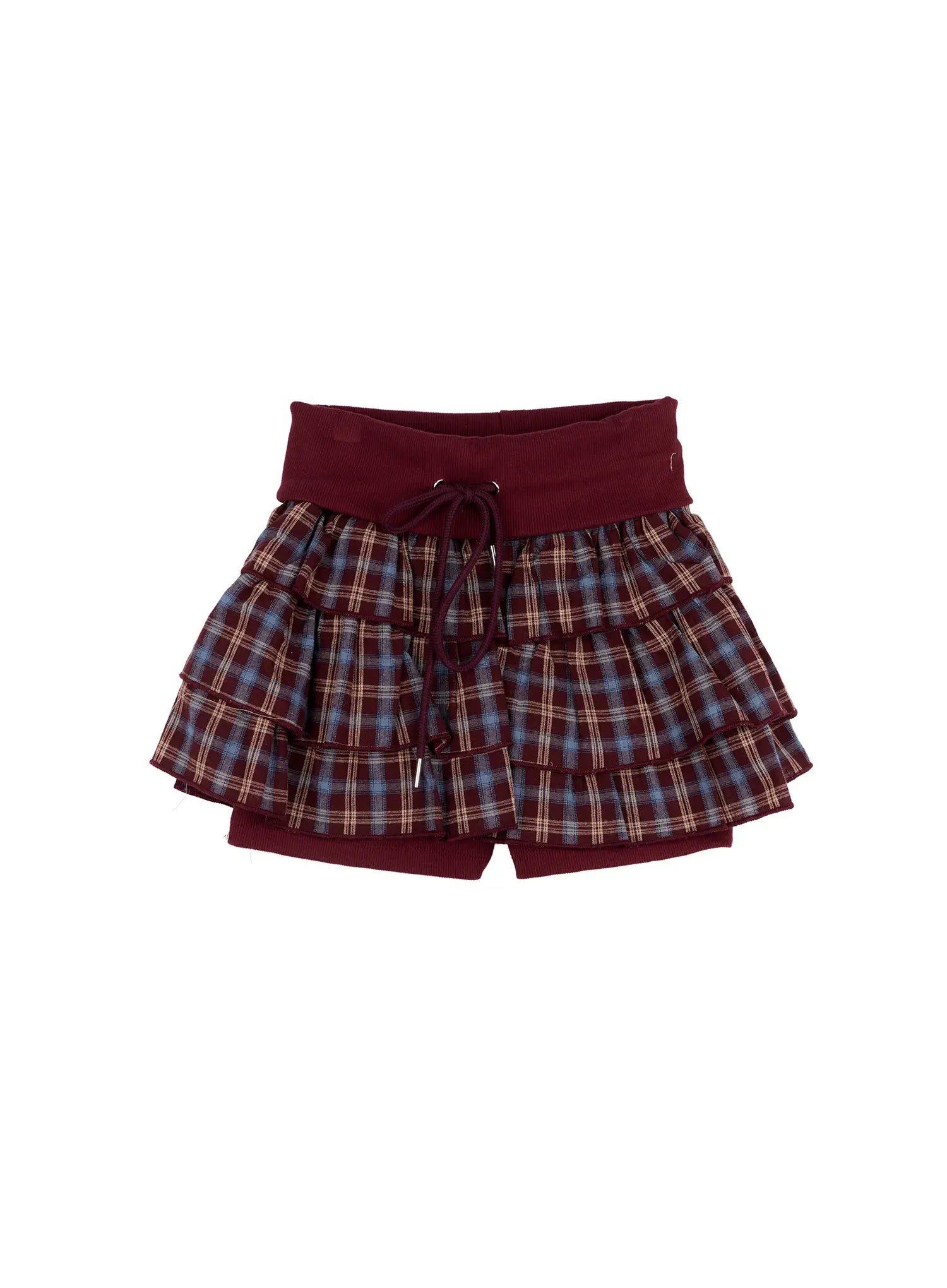 plaid-layered-ruffle-mini-skirt-cn524 / Dark red