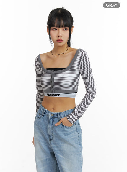 round-neck-striped-long-sleeve-crop-top-cm407 / Gray