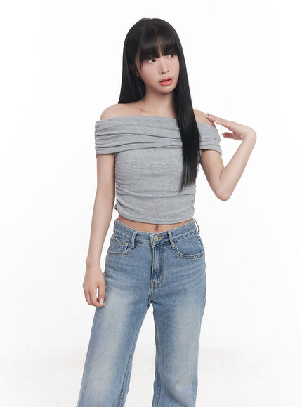 shirred-off-shoulder-crop-top-cy527 / Gray