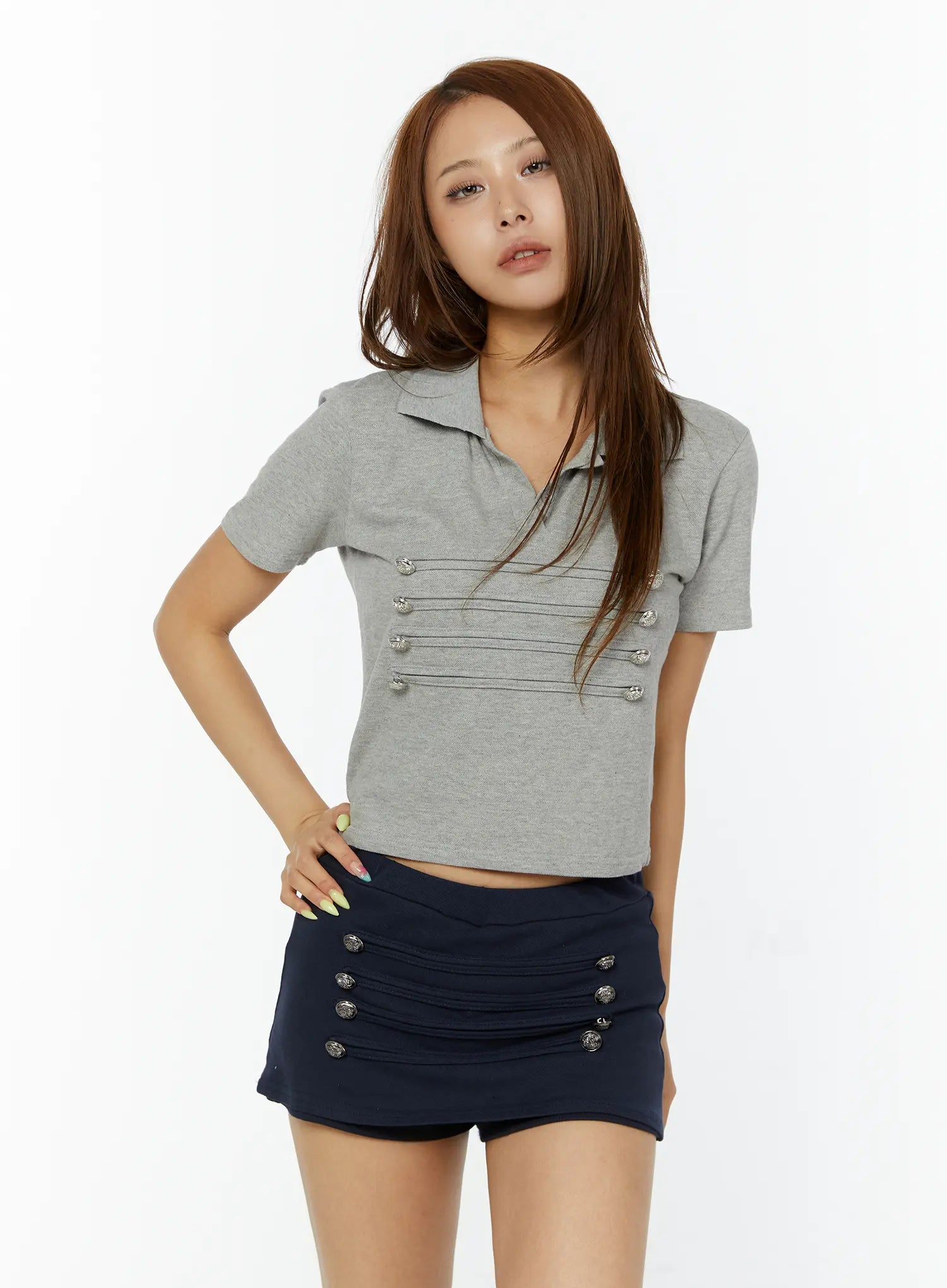 military-collar-short-sleeve-tee-cy521 / Gray