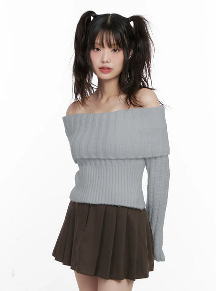 crop-off-shoulder-knit-sweater-cn510 / Gray