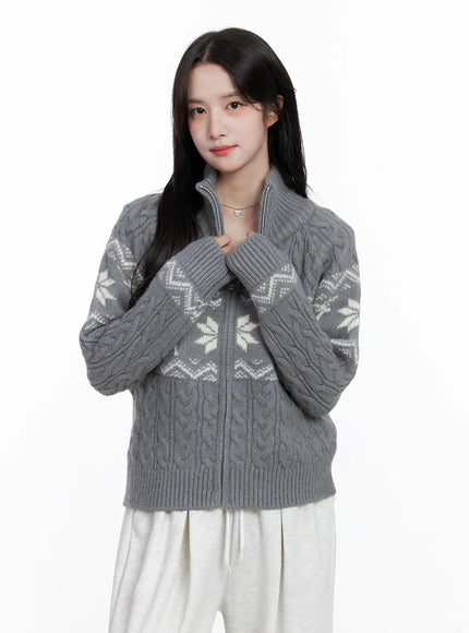 Cable Knit Funnel Neck Zip-Up Sweater CS523