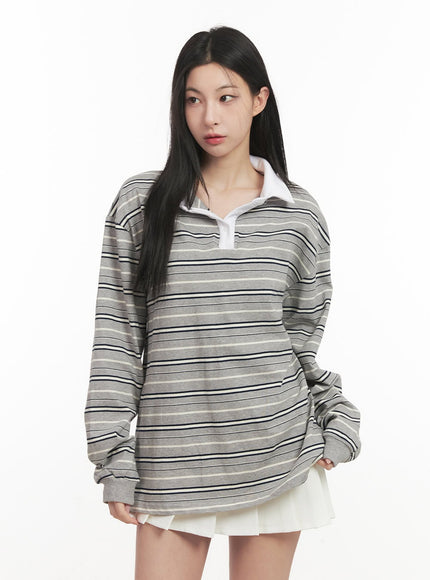 oversized-striped-long-sleeve-polo-shirt-cf514 / Gray