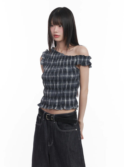 plaid-frill-one-shoulder-crop-top-cu519 / Gray