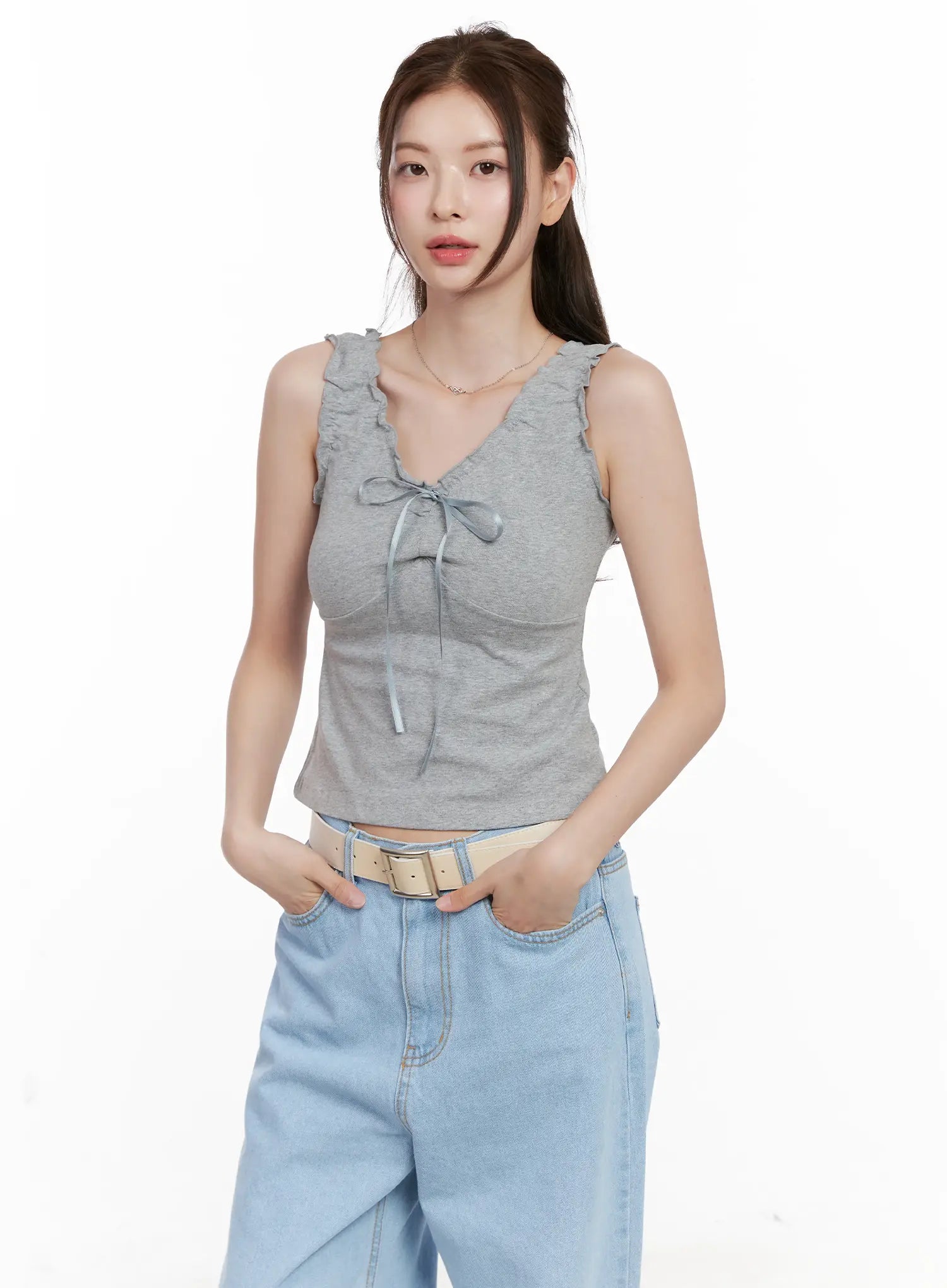 Shirred Ribbon 2-Way Sleeveless Top CL523