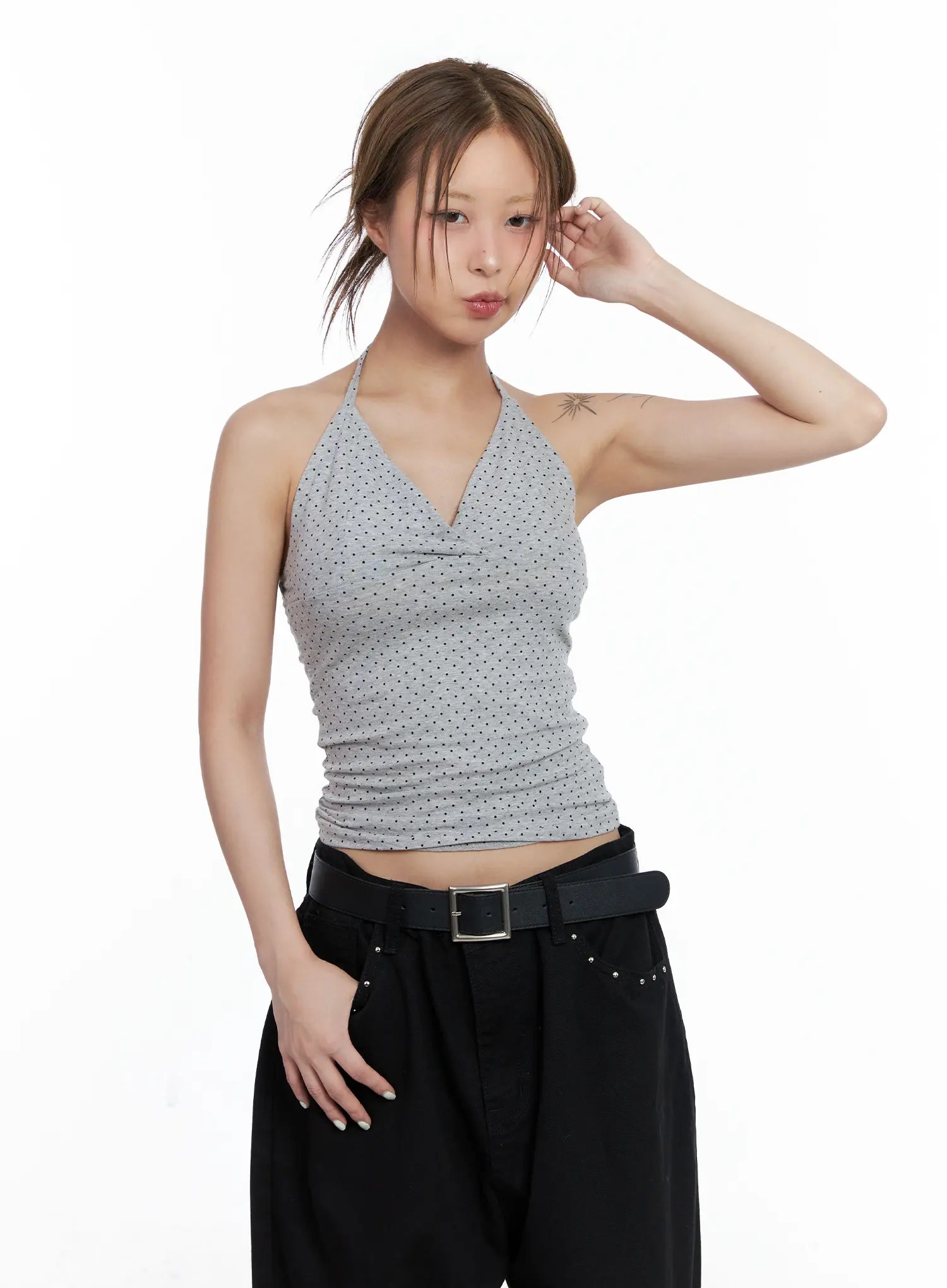 polka-dot-halter-v-neck-sleeveless-top-cl511 / Gray