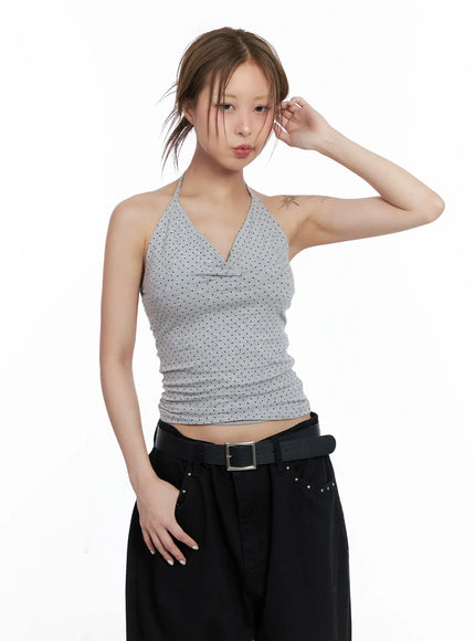 polka-dot-halter-v-neck-sleeveless-top-cl511 / Gray