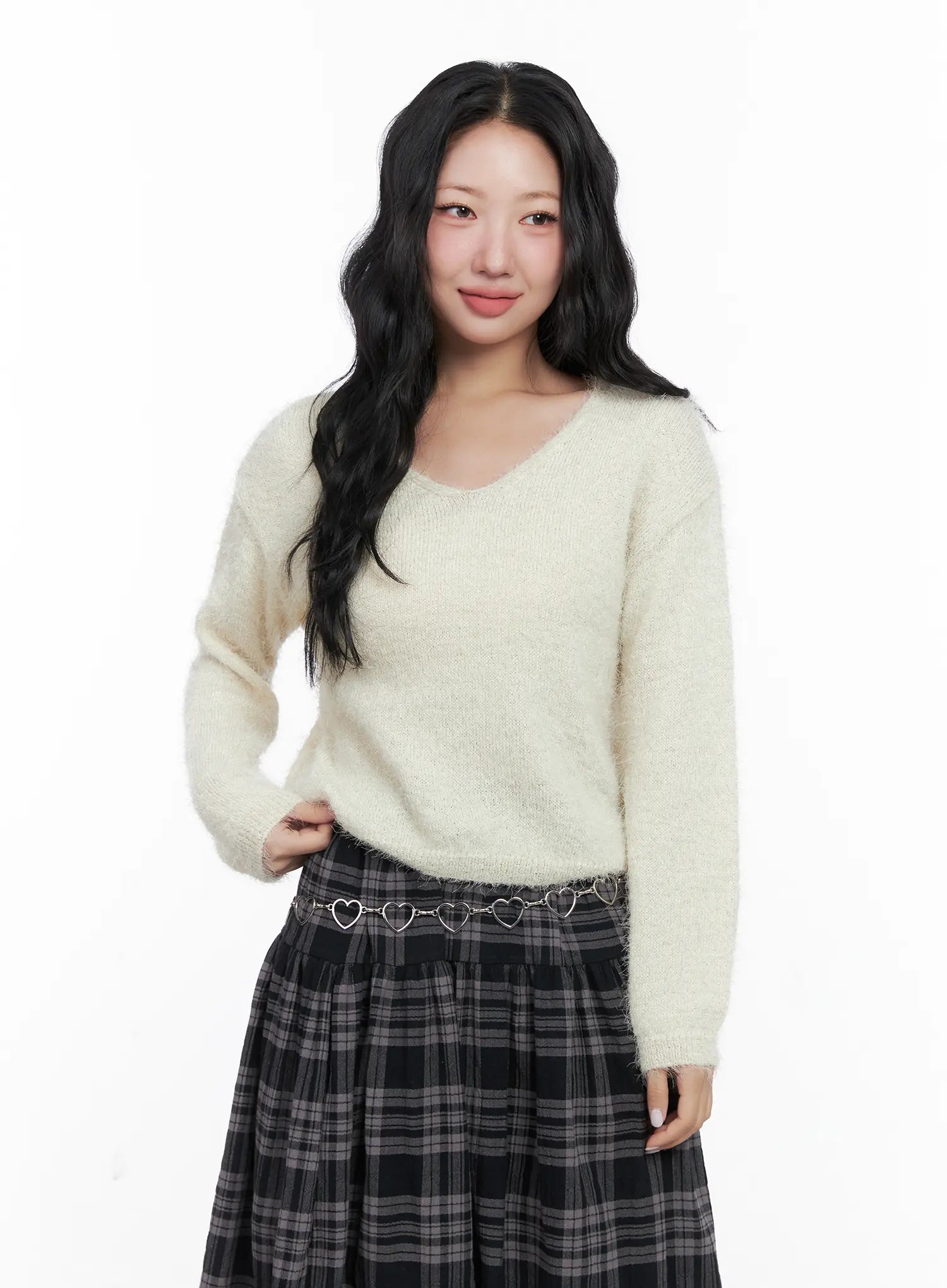 v-neck-ribbon-long-sleeve-knit-sweater-cn514 / Light beige