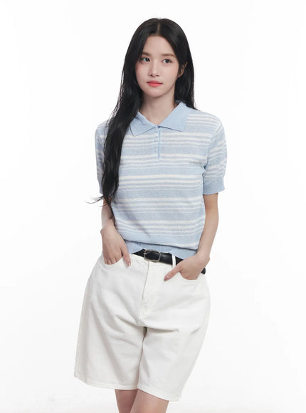 striped-collared-short-sleeve-sweater-cu525 / Light blue