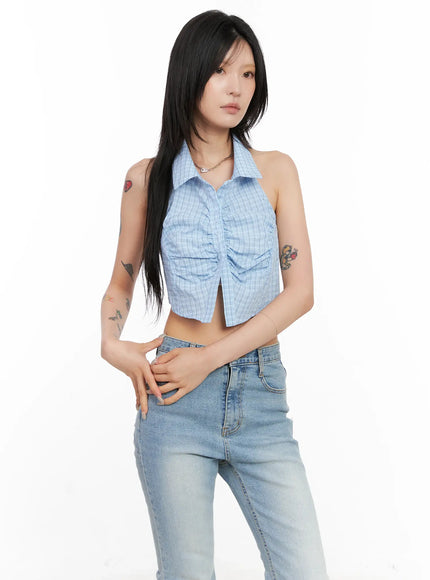 gingham-sleeveless-halter-top-cl525 / Light blue