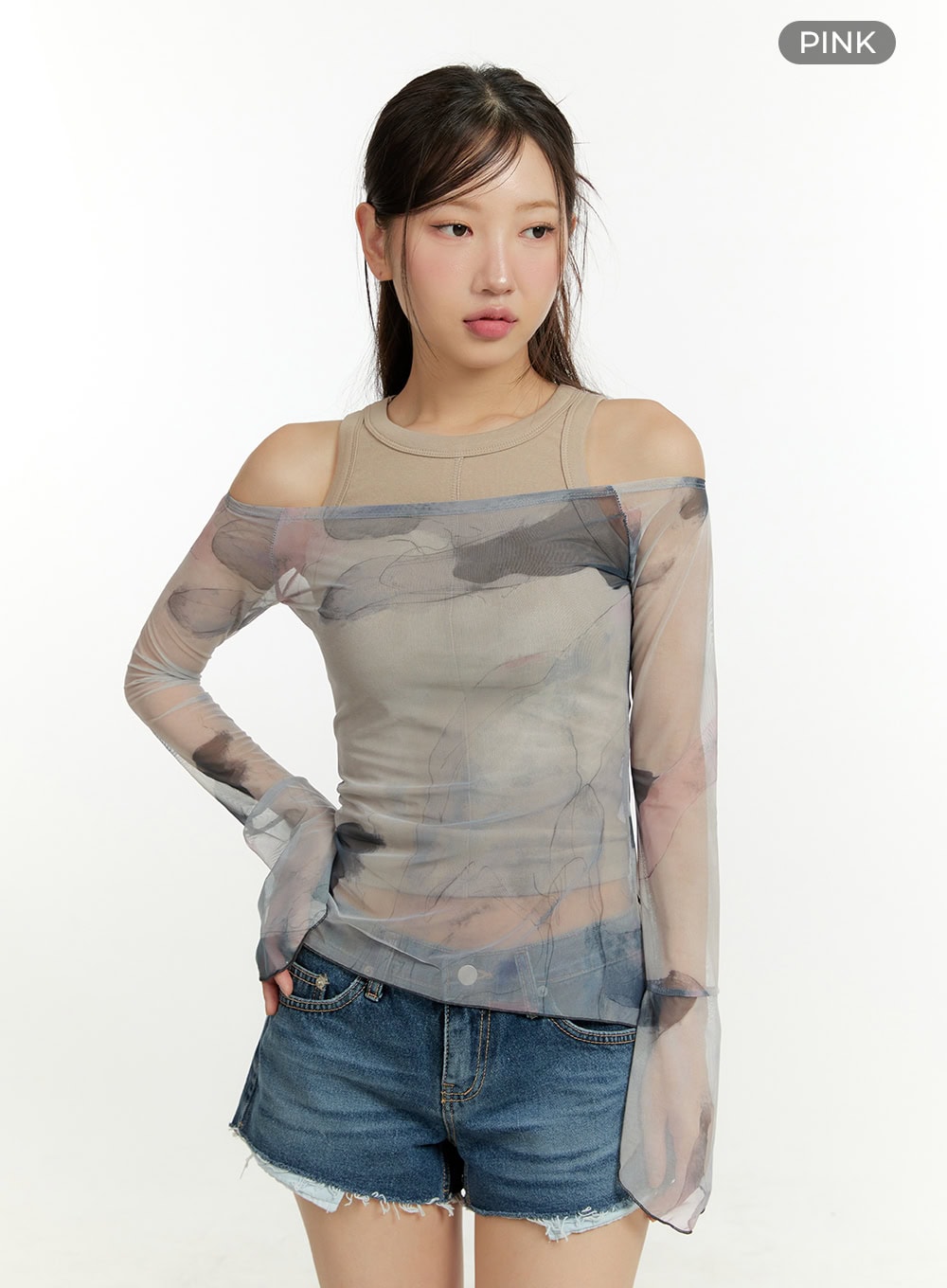 graphic-mesh-off-shoulder-long-sleeve-cu426 / Pink