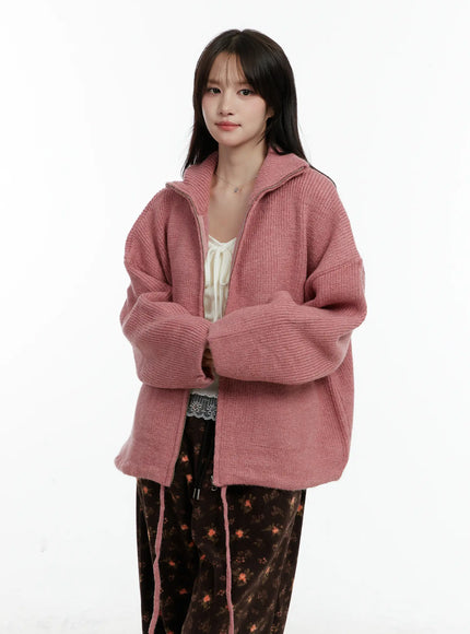 oversized-wool-blend-knit-zip-up-cd514 / Pink