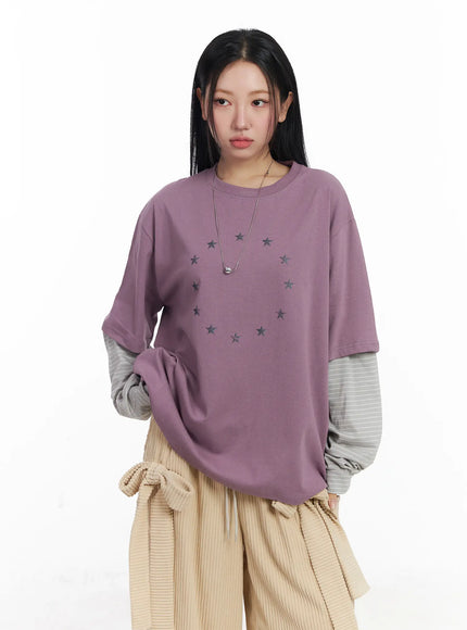 Oversized Star Print Layered Long Sleeve Tee CJ514