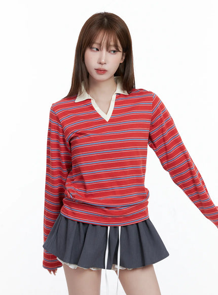 striped-v-neck-collar-polo-shirt-cg529 / Red