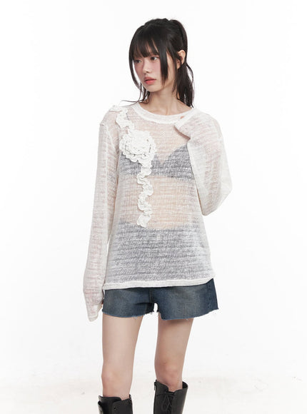 sheer-loose-fit-flower-sweater-cy520 / White