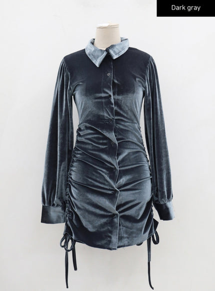Side Tie Ruching Velvet Long Sleeve Mini Dress CD23