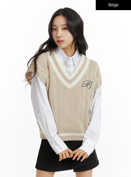 cable-knit-v-neck-vest-sweater-cf415 / Beige