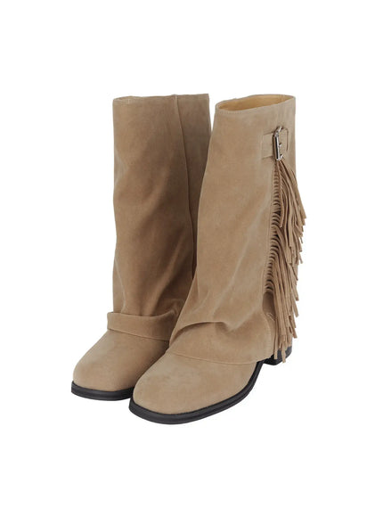 Brown Suede Fringe Boots CF503