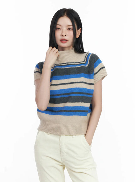 striped-turtleneck-short-sleeve-knit-top-cj520 / Beige