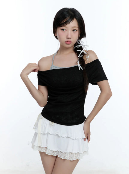 layered-halter-neck-crop-top-cu527 / Black