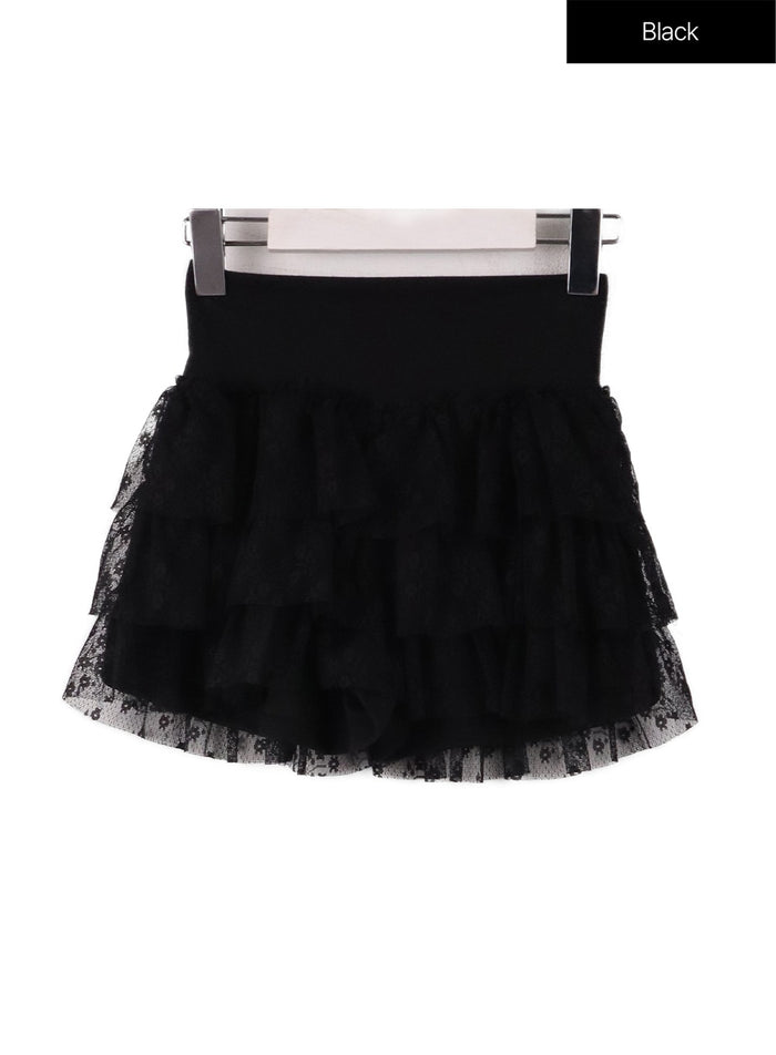 lace-frill-layered-mini-skirt-cf414 / Black