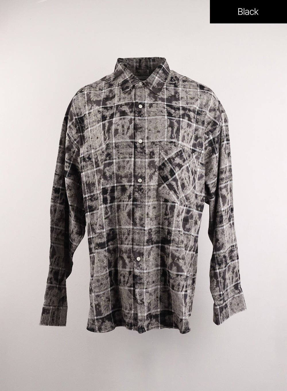 flannel-collar-plaid-pocket-long-sleeve-blouse-unisex-cj412 / Black