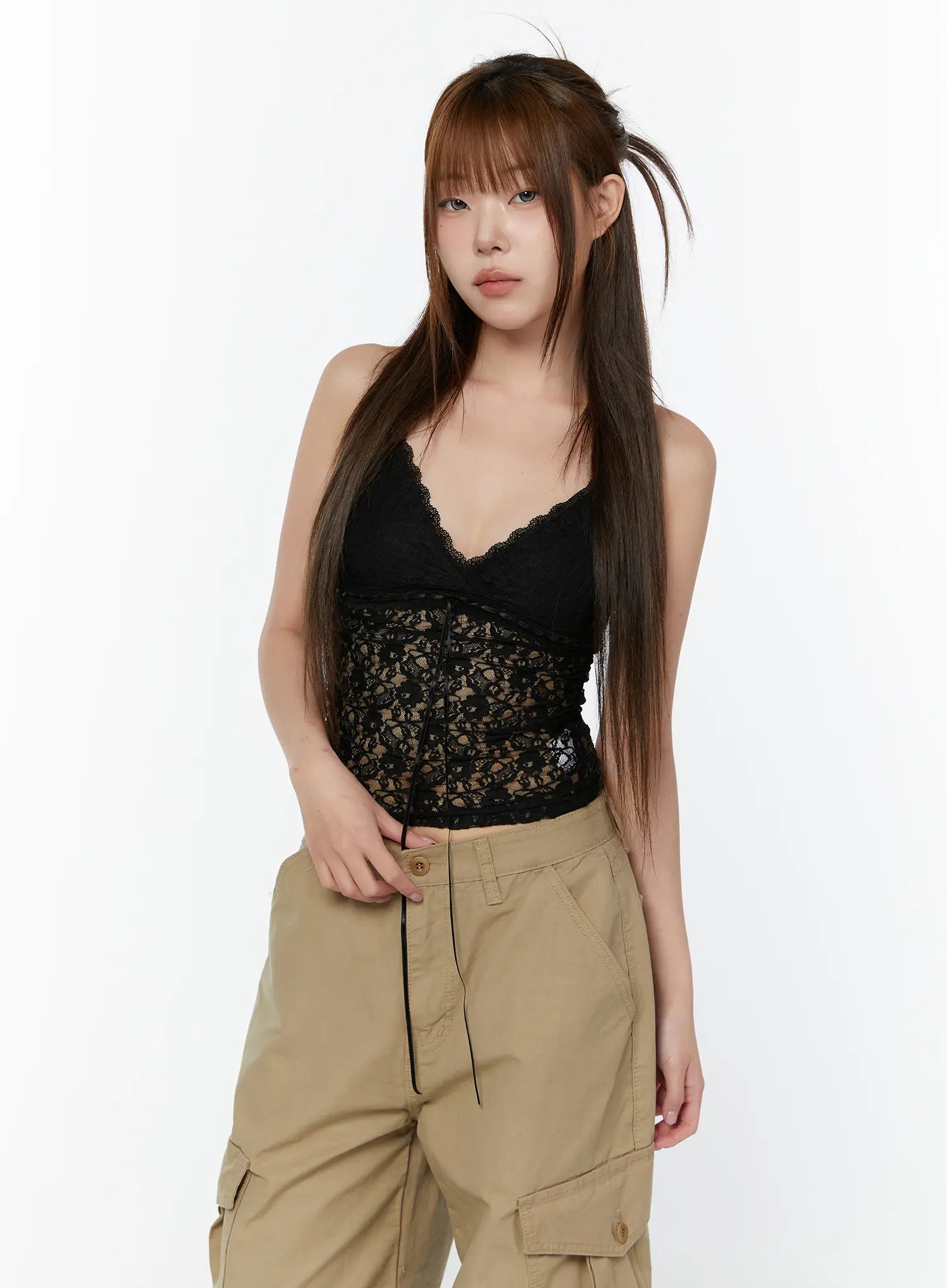 sheer-lace-front-tie-tank-cy519 / Black