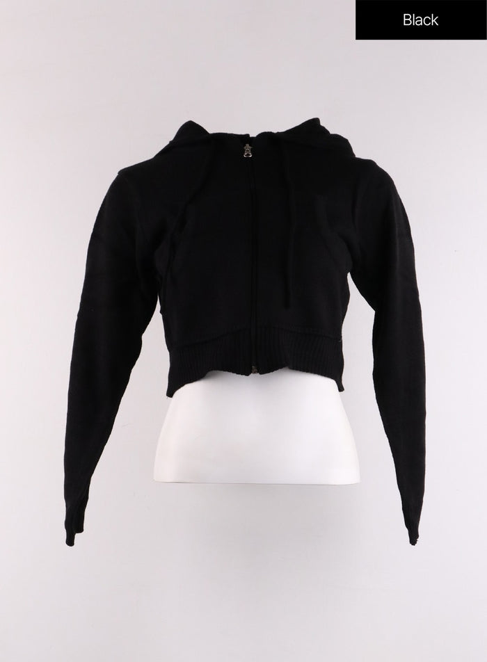 solid-zipper-cropped-hoodie-cf401 / Black
