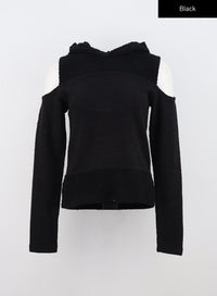 cut-out-knit-hoodie-sweater-cn309 / Black