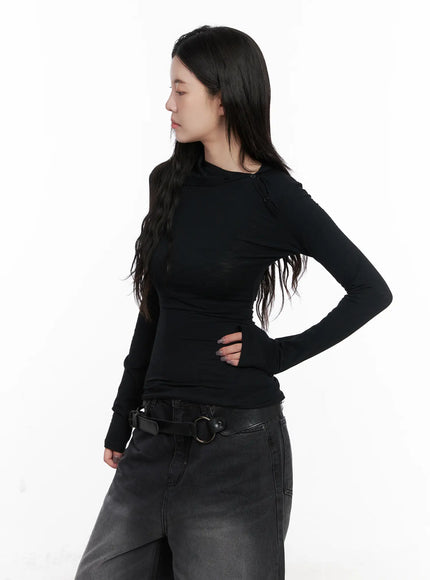 unsymmetrical-neck-long-sleeve-tee-cn513 / Black