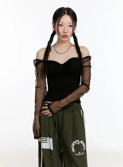 Sheer Frill Off-Shoulder Long Sleeve Top CM511