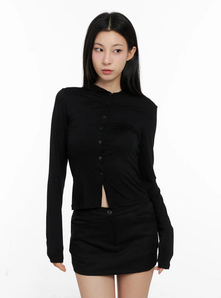 slim-fit-button-up-hoodie-cg526 / Black