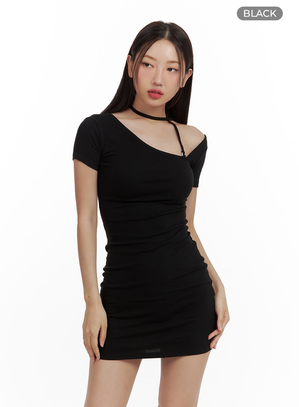 asymmetrical-strap-mini-dress-cu420 / Black