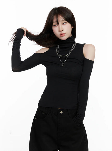shoulder-cut-out-long-sleeve-top-co521 / Black