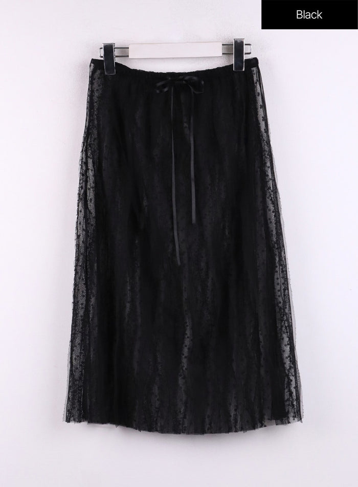 drawstring-mesh-maxi-skirt-cf406 / Black
