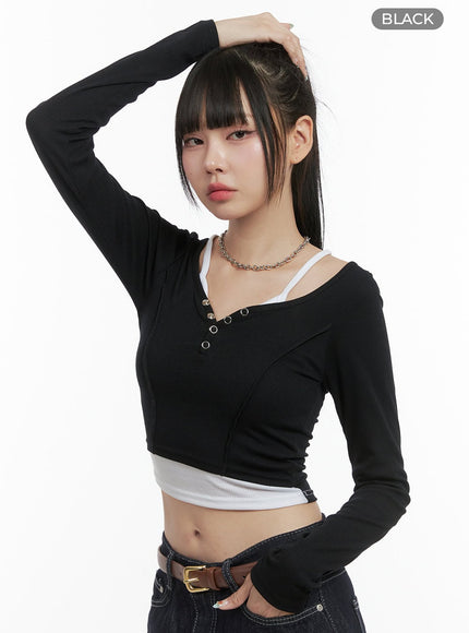 ribbed-button-v-neck-crop-top-os410 / Black