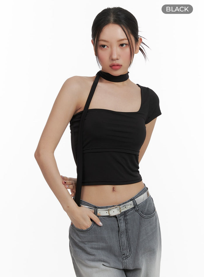 one-shoulder-crop-tee-with-thin-scarf-ca416 / Black