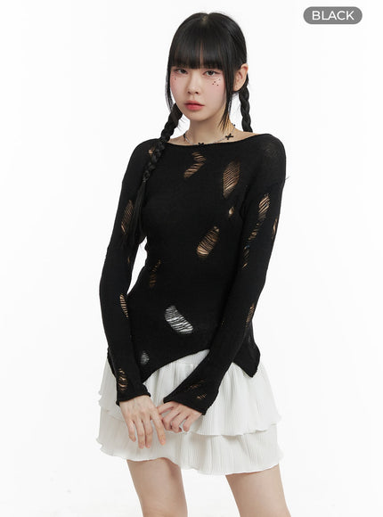 destroyed-unbalanced-edge-knit-top-om426 / Black