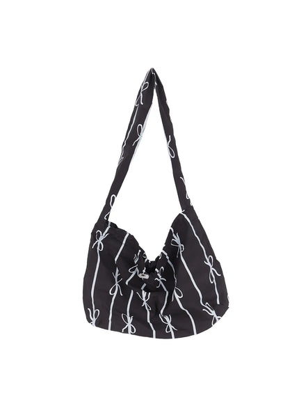 casual-striped-ribbon-shoulder-bag / Black