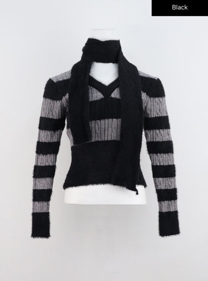 stripe-v-neck-sweater-with-scarf-cn317 / Black