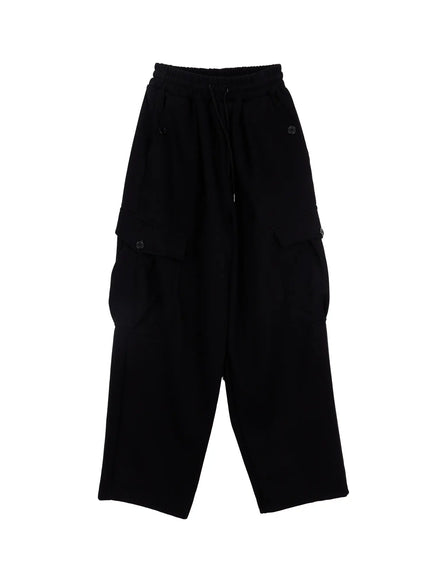 button-wide-leg-cargo-sweatpants-cf509 / Black