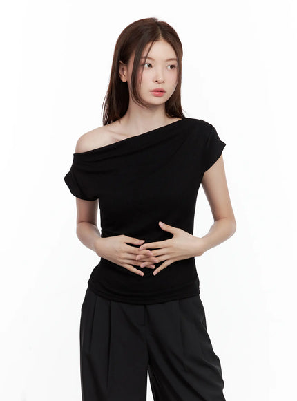 asymmetrical-off-shoulder-short-sleeve-top / Black