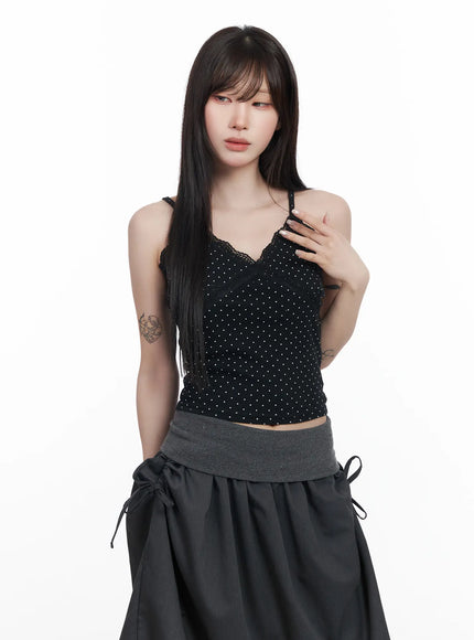 lace-trim-polka-dot-crop-sleeveless-top-cf523 / Black